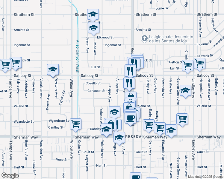 map of restaurants, bars, coffee shops, grocery stores, and more near 7442 Capps Avenue in Los Angeles