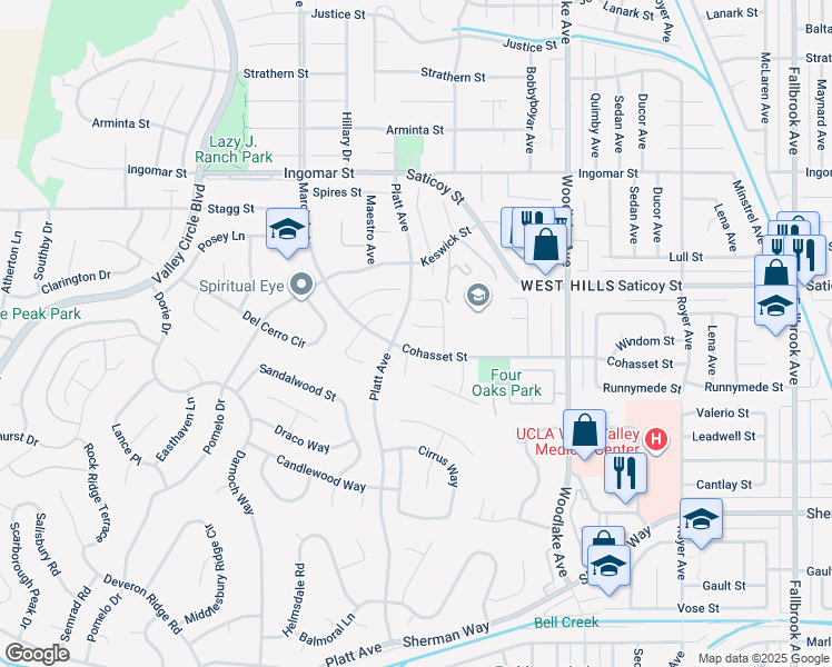 map of restaurants, bars, coffee shops, grocery stores, and more near 23314 Windom Street in Los Angeles
