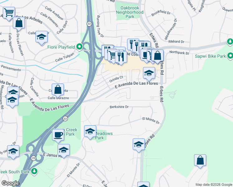 map of restaurants, bars, coffee shops, grocery stores, and more near 1781 Aleppo Court in Thousand Oaks