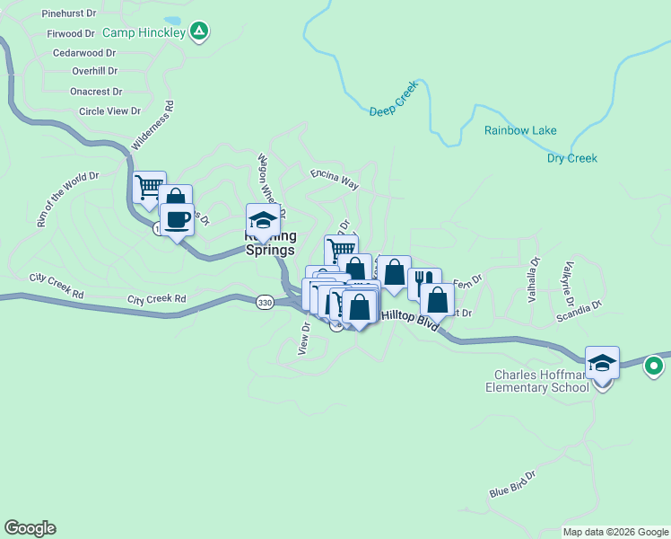 map of restaurants, bars, coffee shops, grocery stores, and more near 2637 Secret Drive in Running Springs