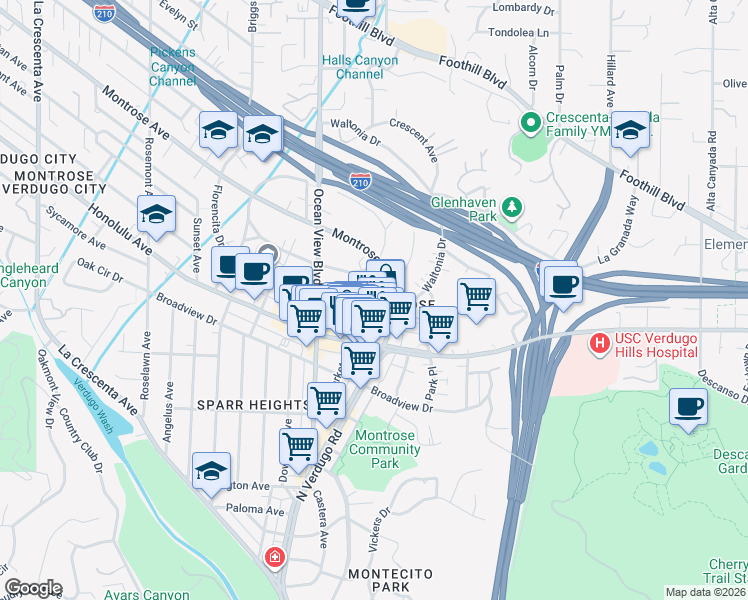 map of restaurants, bars, coffee shops, grocery stores, and more near 2215 Florencita Drive West in La Crescenta-Montrose