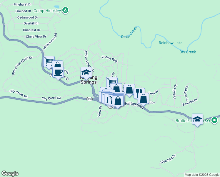 map of restaurants, bars, coffee shops, grocery stores, and more near 2564 Spring Drive in Running Springs