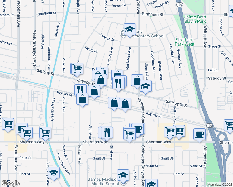 map of restaurants, bars, coffee shops, grocery stores, and more near 13056 Saticoy Street in Los Angeles