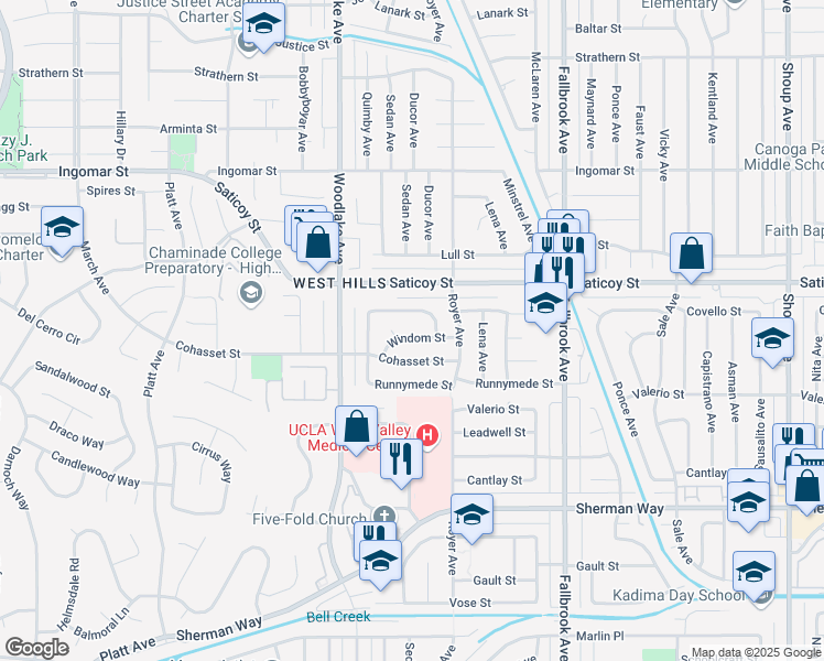 map of restaurants, bars, coffee shops, grocery stores, and more near 23045 Windom Street in Los Angeles