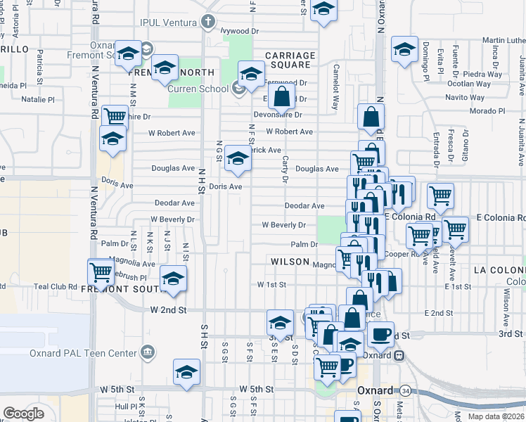 map of restaurants, bars, coffee shops, grocery stores, and more near 660 Deodar Avenue in Oxnard