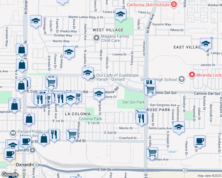 map of restaurants, bars, coffee shops, grocery stores, and more near 515 Higuera Dr in Oxnard