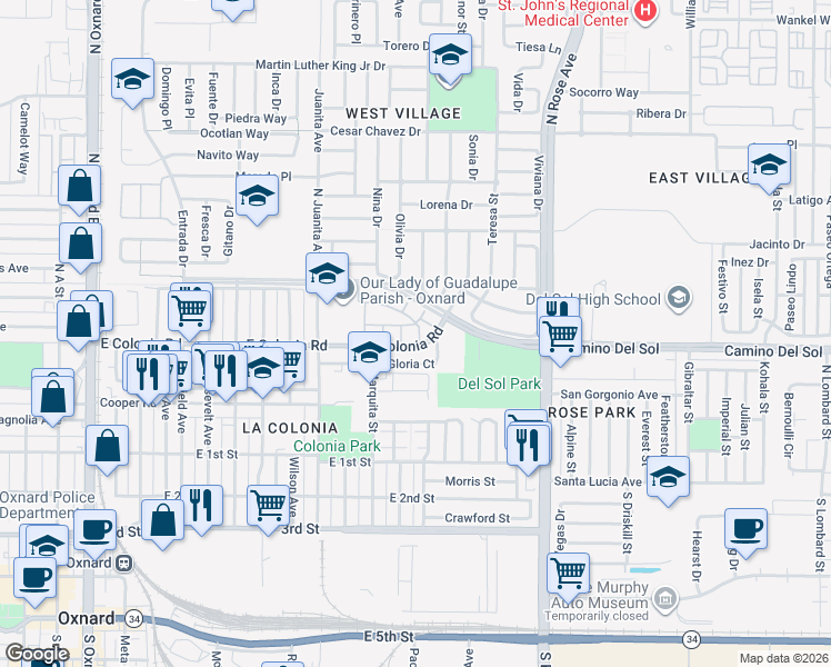 map of restaurants, bars, coffee shops, grocery stores, and more near 515 Higuera Drive in Oxnard