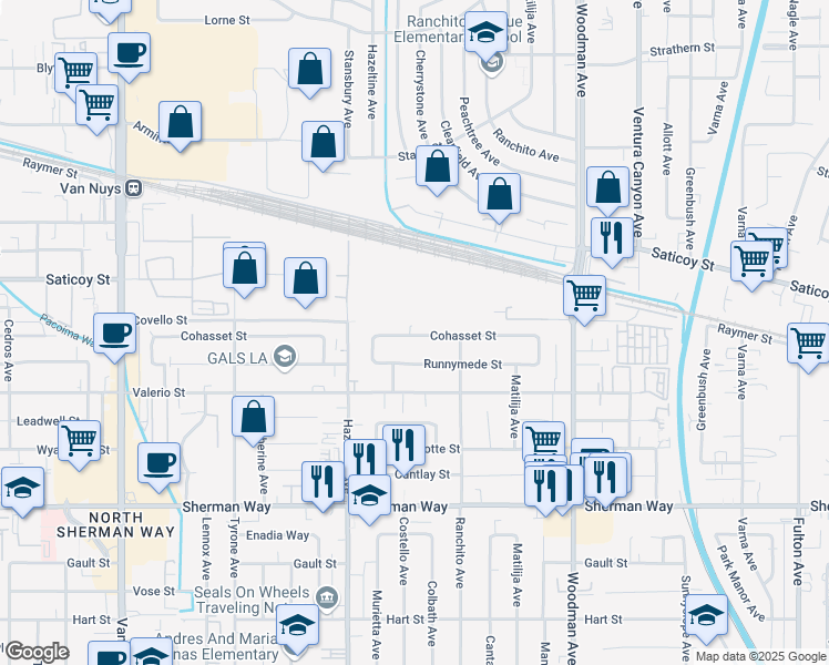 map of restaurants, bars, coffee shops, grocery stores, and more near 13953 Cohasset Street in Los Angeles