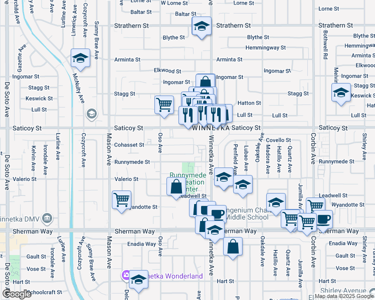 map of restaurants, bars, coffee shops, grocery stores, and more near 20158 Cohasset Street in Los Angeles