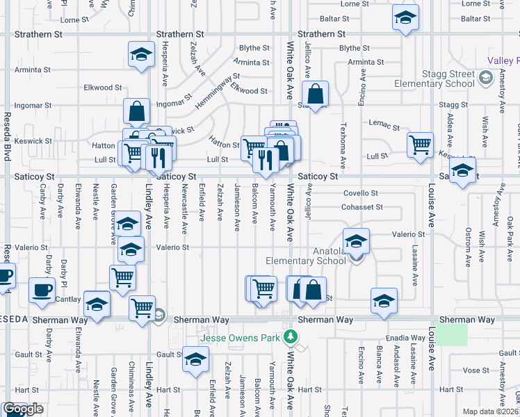 map of restaurants, bars, coffee shops, grocery stores, and more near 7502 Balcom Avenue in Los Angeles
