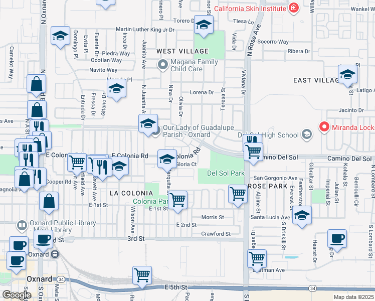 map of restaurants, bars, coffee shops, grocery stores, and more near 515 Higuera Drive in Oxnard