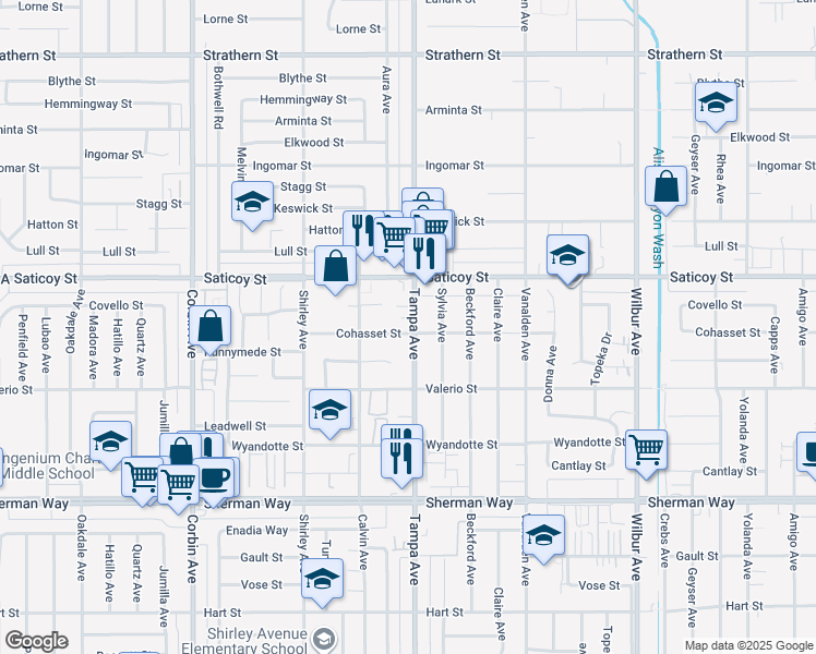map of restaurants, bars, coffee shops, grocery stores, and more near 7535 Tampa Avenue in Los Angeles