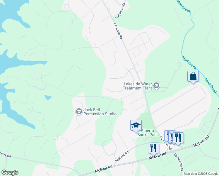 map of restaurants, bars, coffee shops, grocery stores, and more near 5882 Meadowfield Trace in Flowery Branch