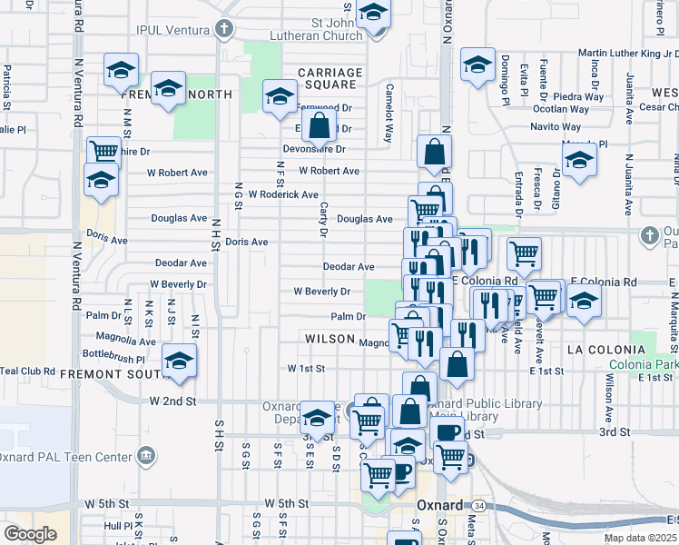 map of restaurants, bars, coffee shops, grocery stores, and more near 454 Deodar Avenue in Oxnard