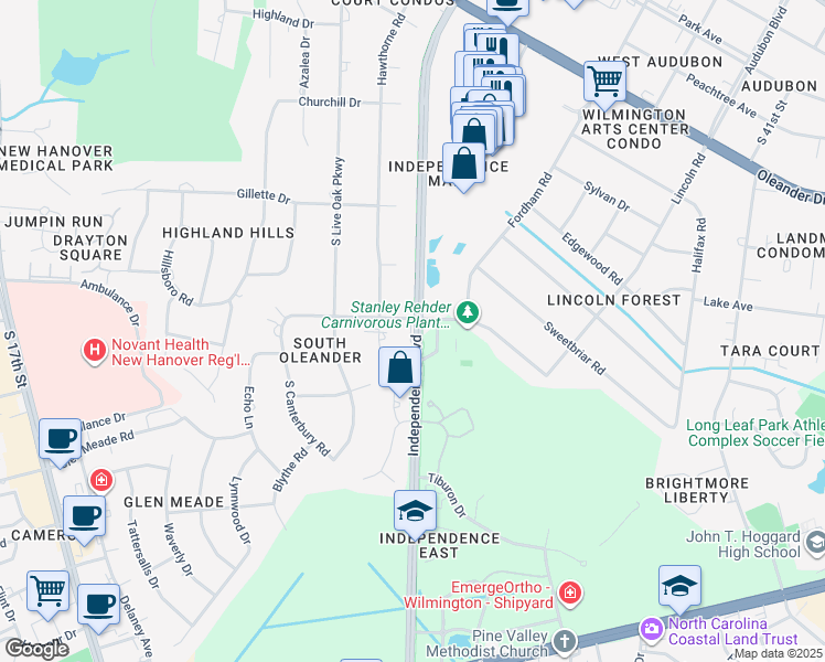 map of restaurants, bars, coffee shops, grocery stores, and more near 2012 Independence Boulevard in Wilmington