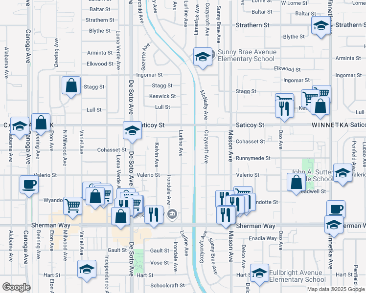 map of restaurants, bars, coffee shops, grocery stores, and more near 7510 Lurline Avenue in Los Angeles