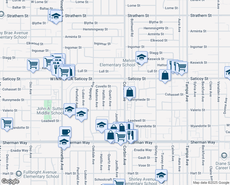 map of restaurants, bars, coffee shops, grocery stores, and more near 7521 Jumilla Avenue in Los Angeles