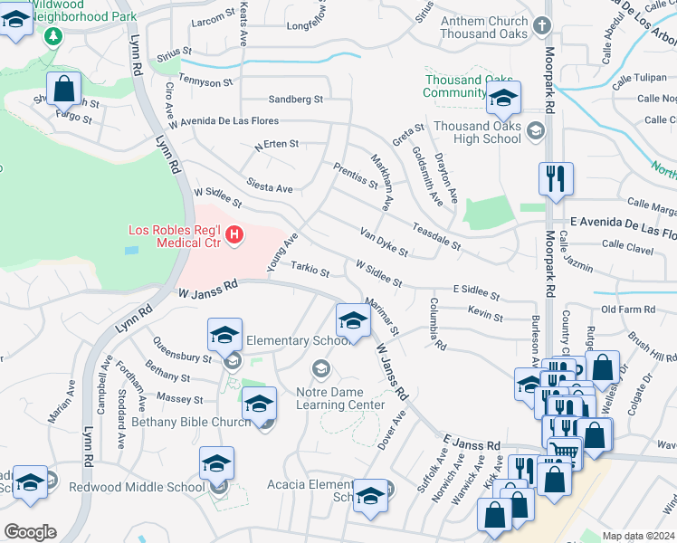 map of restaurants, bars, coffee shops, grocery stores, and more near 2067 Hendrix Avenue in Thousand Oaks