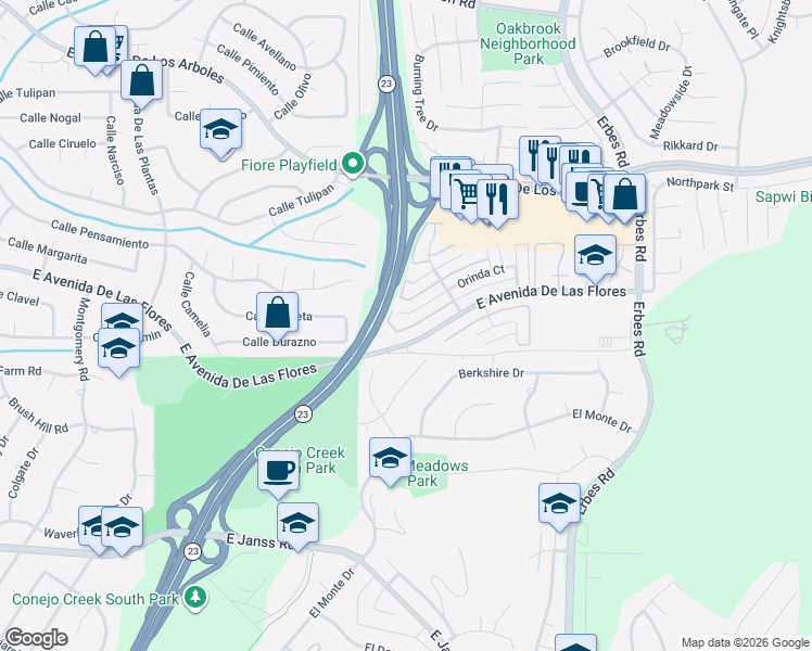 map of restaurants, bars, coffee shops, grocery stores, and more near 1658 Orinda Court in Thousand Oaks