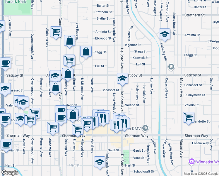 map of restaurants, bars, coffee shops, grocery stores, and more near 7506 Independence Avenue in Los Angeles