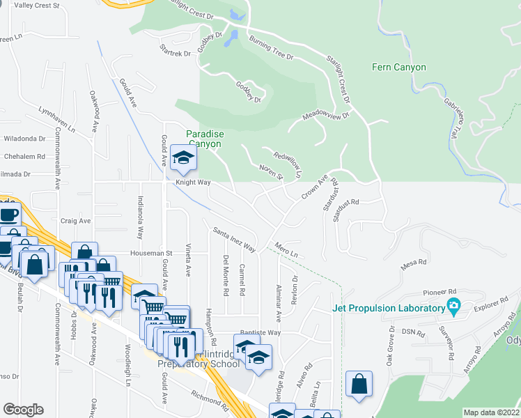 map of restaurants, bars, coffee shops, grocery stores, and more near 5015 Redwillow Lane in La Cañada Flintridge