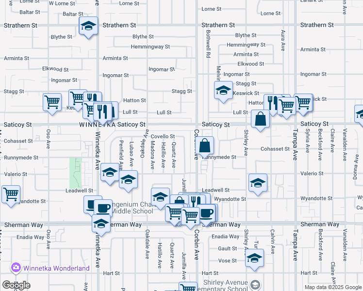 map of restaurants, bars, coffee shops, grocery stores, and more near 7521 Jumilla Avenue in Los Angeles
