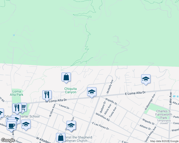 map of restaurants, bars, coffee shops, grocery stores, and more near 176 Jaxine Drive in Altadena