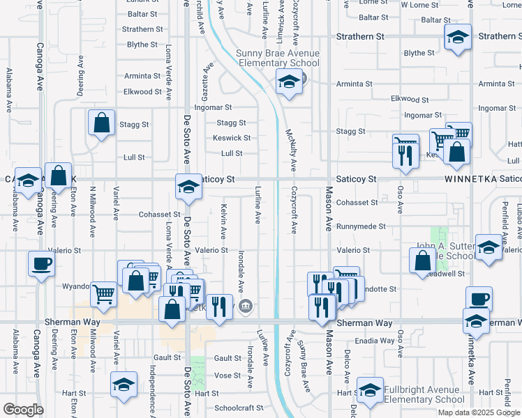map of restaurants, bars, coffee shops, grocery stores, and more near 7510 Lurline Avenue in Los Angeles