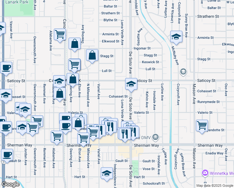 map of restaurants, bars, coffee shops, grocery stores, and more near 7506 Independence Avenue in Los Angeles