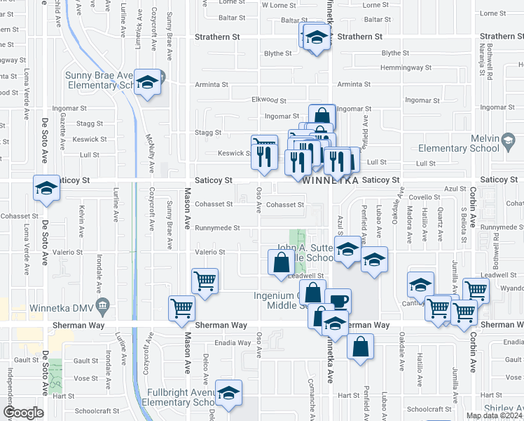 map of restaurants, bars, coffee shops, grocery stores, and more near 20258 Cohasset Street in Los Angeles
