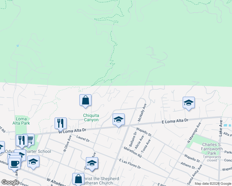 map of restaurants, bars, coffee shops, grocery stores, and more near 176 Jaxine Drive in Altadena