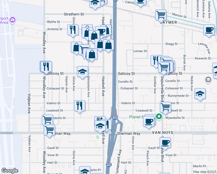 map of restaurants, bars, coffee shops, grocery stores, and more near 7503 Aqueduct Avenue in Los Angeles