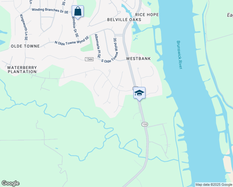 map of restaurants, bars, coffee shops, grocery stores, and more near 10191 Bedrock Circle Southeast in Leland
