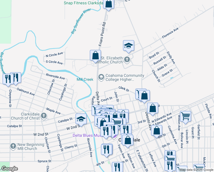 map of restaurants, bars, coffee shops, grocery stores, and more near 211 Clark Street in Clarksdale