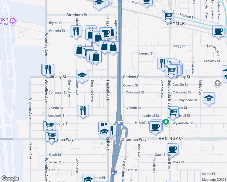 map of restaurants, bars, coffee shops, grocery stores, and more near 7503 Aqueduct Avenue in Los Angeles