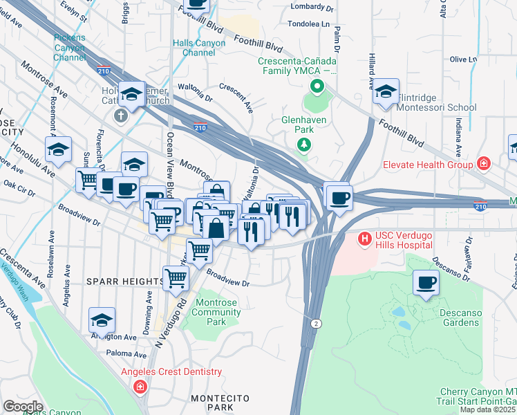 map of restaurants, bars, coffee shops, grocery stores, and more near 1949 Waltonia Drive in La Crescenta-Montrose