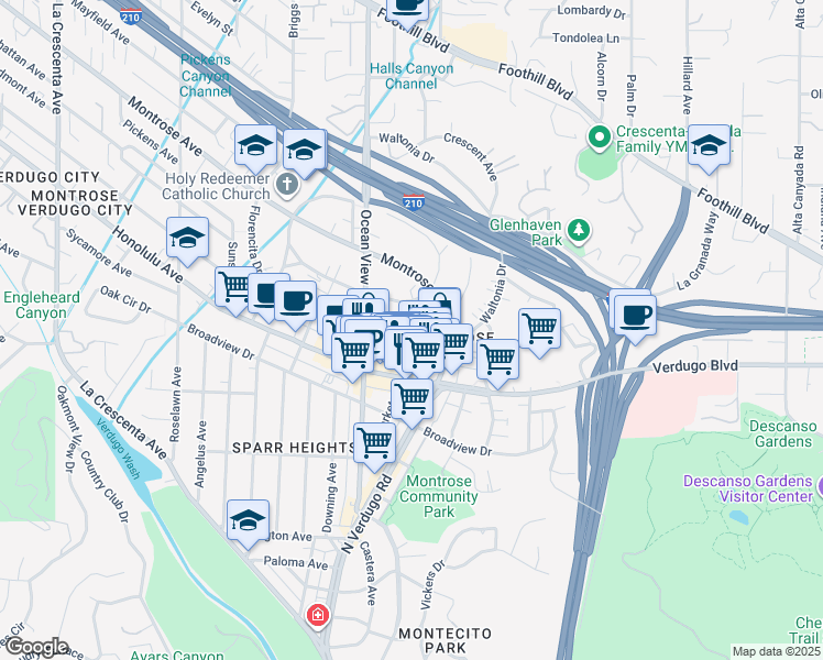 map of restaurants, bars, coffee shops, grocery stores, and more near 2132 Montrose Avenue in La Crescenta-Montrose
