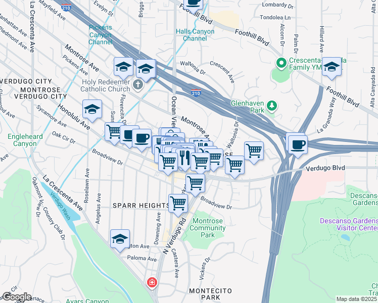 map of restaurants, bars, coffee shops, grocery stores, and more near 2238 Miravista Avenue in La Crescenta-Montrose
