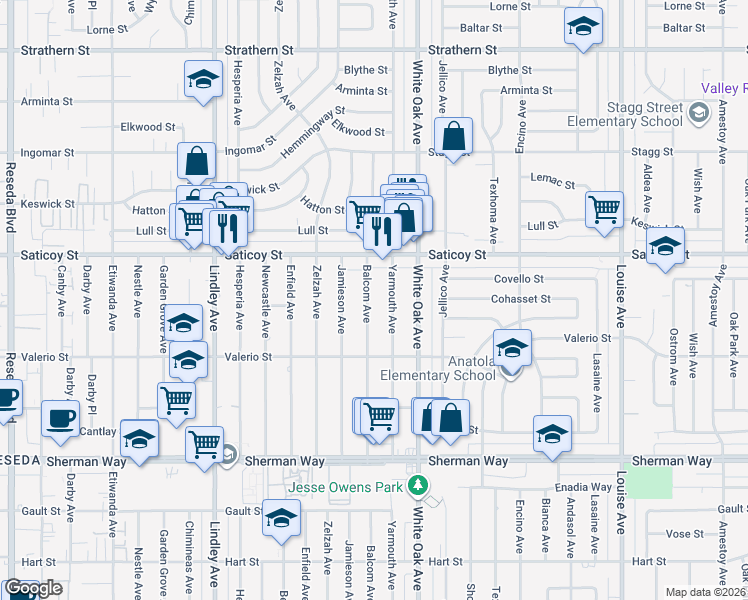 map of restaurants, bars, coffee shops, grocery stores, and more near 7533 Balcom Avenue in Los Angeles