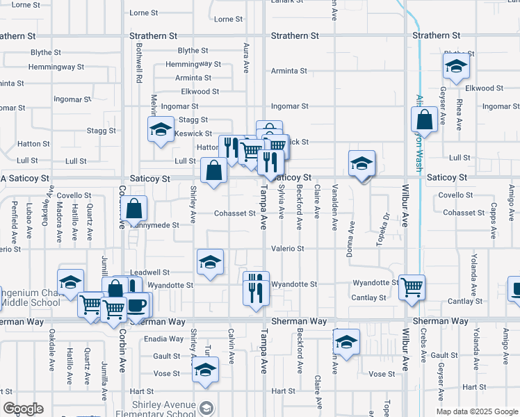 map of restaurants, bars, coffee shops, grocery stores, and more near 7535 Tampa Avenue in Los Angeles