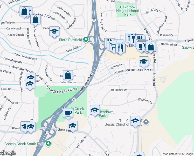 map of restaurants, bars, coffee shops, grocery stores, and more near 1647 Orinda Court in Thousand Oaks