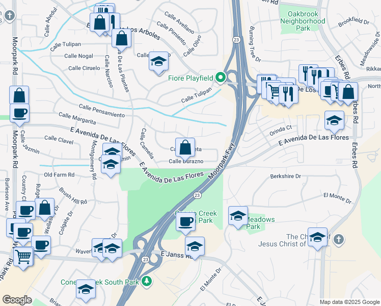 map of restaurants, bars, coffee shops, grocery stores, and more near 1390 Calle Pensamiento in Thousand Oaks