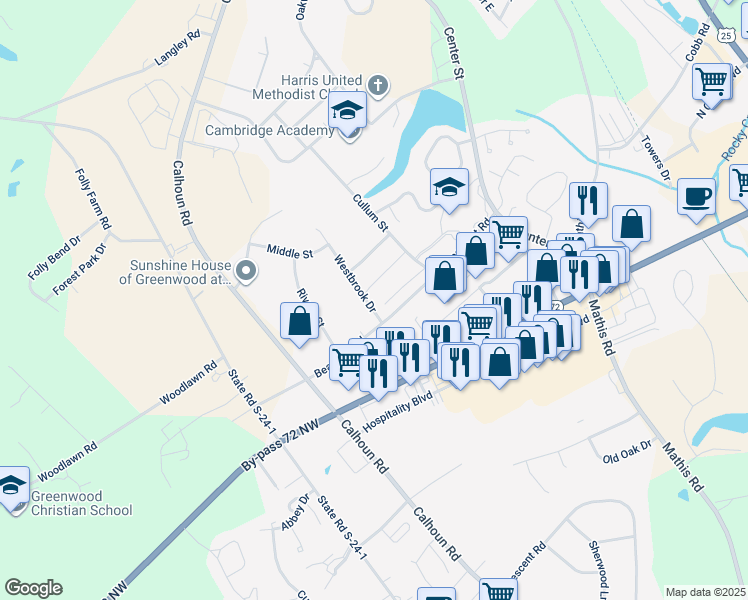 map of restaurants, bars, coffee shops, grocery stores, and more near 120 Leslie Drive in Greenwood