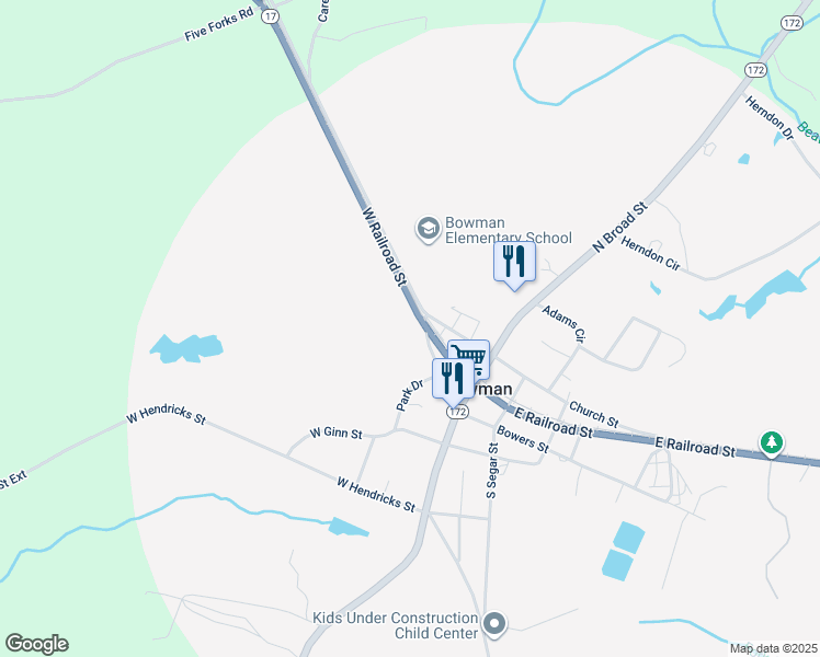 map of restaurants, bars, coffee shops, grocery stores, and more near 129 West Railroad Street in Bowman