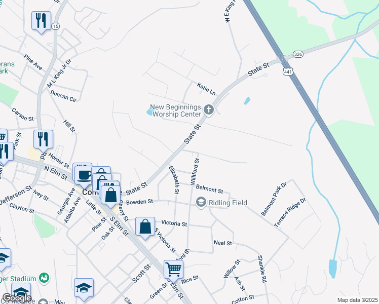 map of restaurants, bars, coffee shops, grocery stores, and more near 0 Wood Street in Commerce