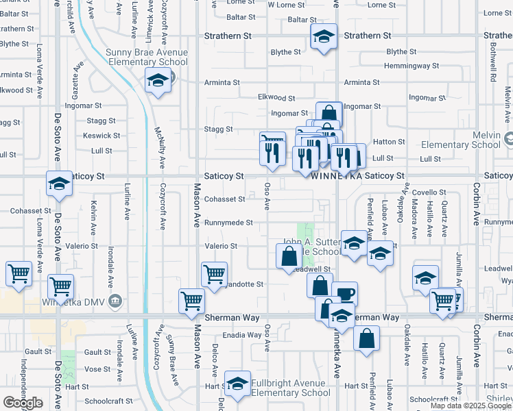 map of restaurants, bars, coffee shops, grocery stores, and more near 20316 Cohasset Street in Los Angeles