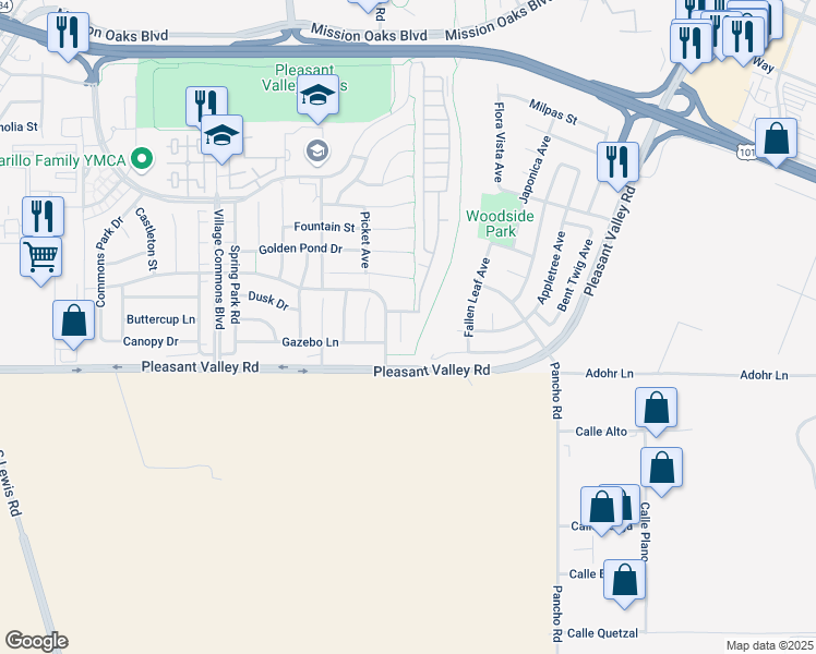 map of restaurants, bars, coffee shops, grocery stores, and more near 504 Willow Glen Court in Camarillo