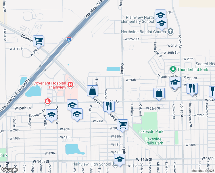 map of restaurants, bars, coffee shops, grocery stores, and more near 2512 Sabine Street in Plainview