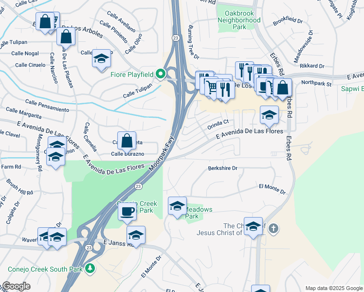 map of restaurants, bars, coffee shops, grocery stores, and more near 1652 Orinda Court in Thousand Oaks