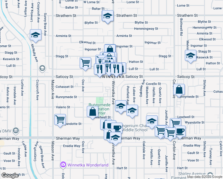 map of restaurants, bars, coffee shops, grocery stores, and more near 7555 Winnetka Avenue in Los Angeles